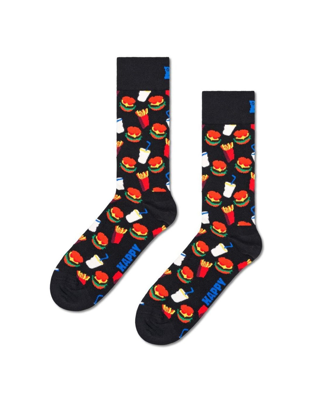Happy Socks γυναικείες κάλτσες Hamburger με σχέδια από μπέργκερ, τηγανητές πατάτες και αναψυκτικά, με μπλε λογότυπο Happy.
