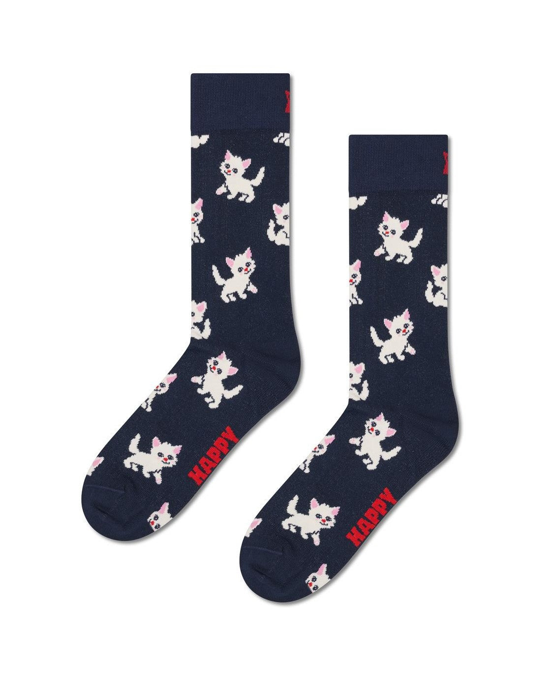 Happy Socks γυναικείες κάλτσες Kitten σε σκούρα μπλε βάση με λευκά γατάκια, ροζ λεπτομέρειες και κόκκινο λογότυπο Happy.
