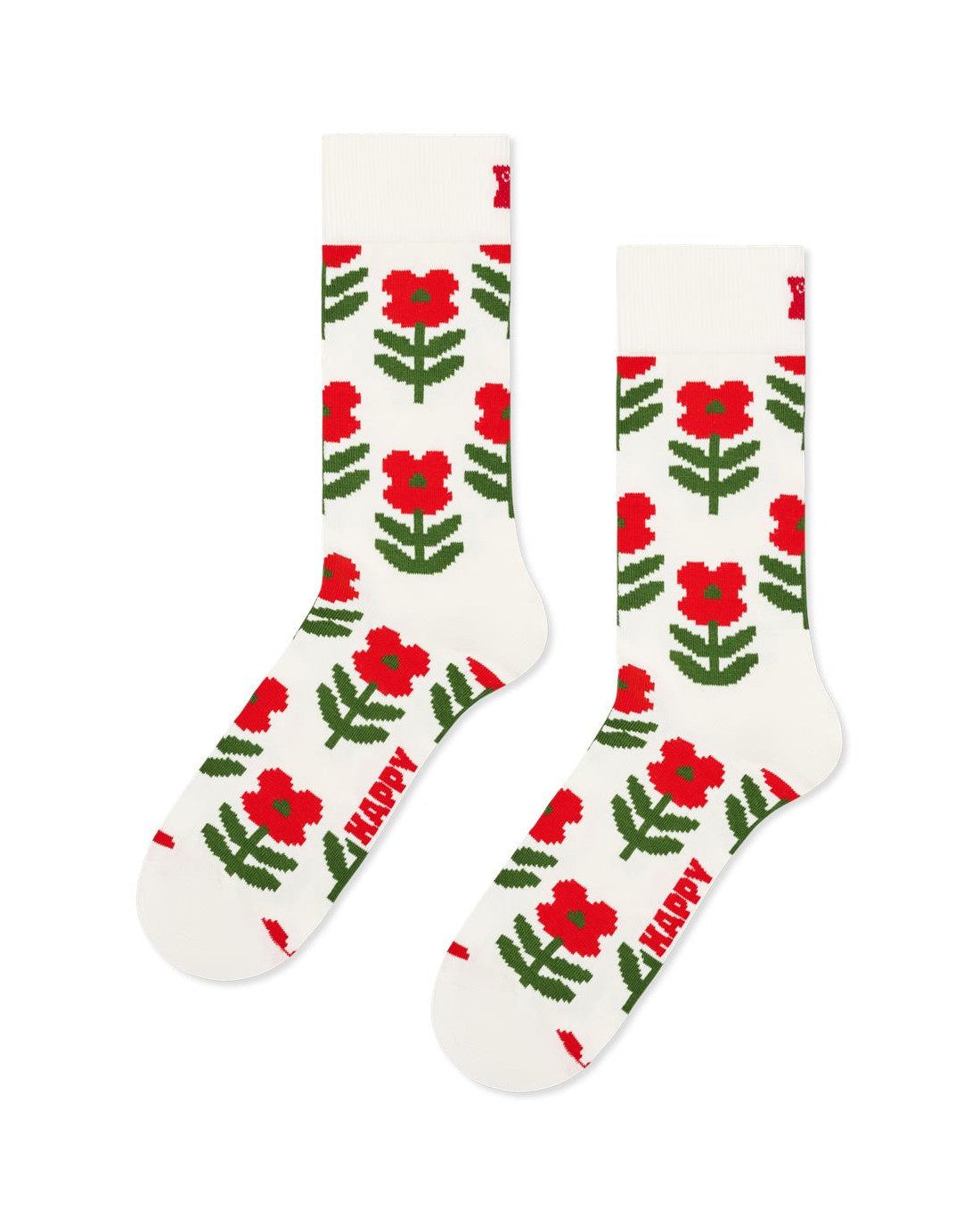 Happy Socks γυναικείες κάλτσες Pixel Flower σε κρεμ βάση με κόκκινα λουλούδια και πράσινα φύλλα σε σχέδιο pixel.
