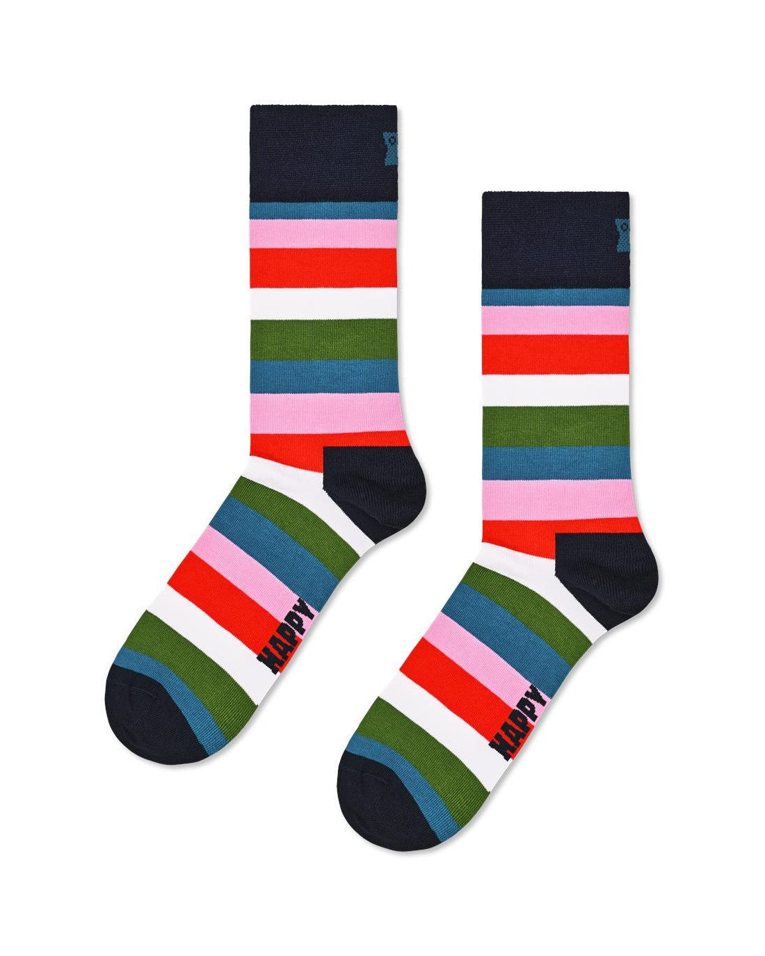 Happy Socks γυναικείες πολύχρωμες κάλτσες Stripe με οριζόντιες ρίγες σε κόκκινο, ροζ, λευκό, μπλε και πράσινο, με σκούρα μπλε φτέρνα και μύτη.
