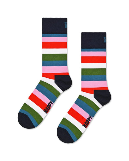 Happy Socks γυναικείες πολύχρωμες κάλτσες Stripe με οριζόντιες ρίγες σε κόκκινο, ροζ, λευκό, μπλε και πράσινο, με σκούρα μπλε φτέρνα και μύτη.
