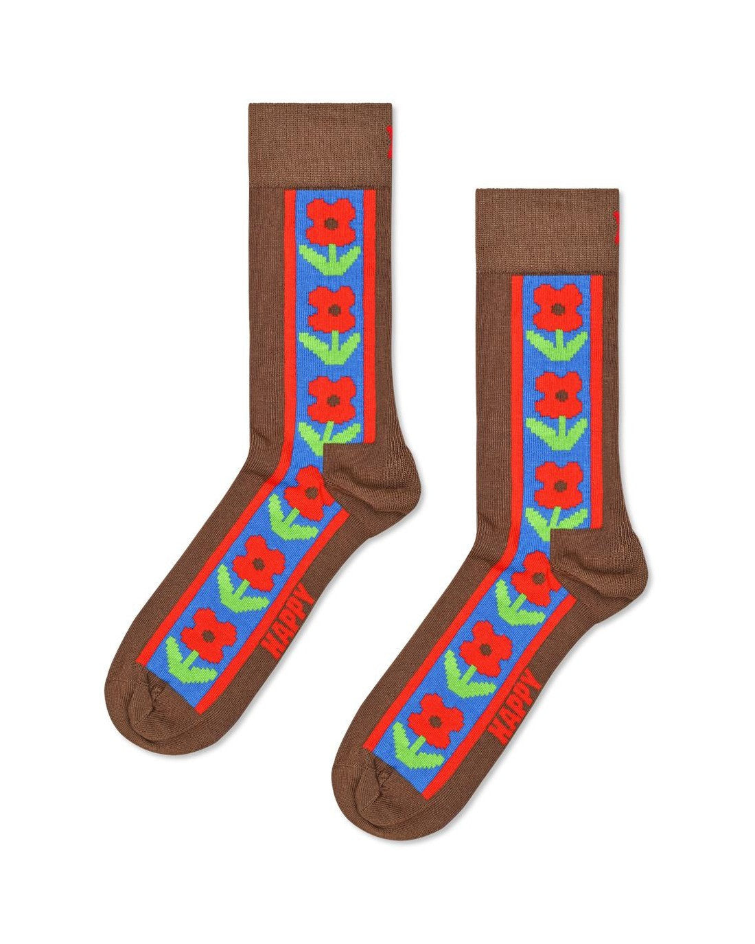 Happy Socks γυναικείες καφέ κάλτσες Vertical Flowers με μπλε κάθετη ρίγα, κόκκινα λουλούδια και πράσινα φύλλα.
