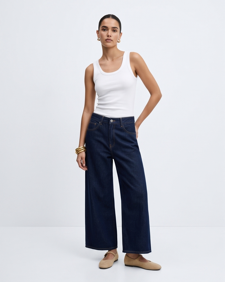 Γυναικείο jeans Barrel Fit σε σκούρο denim, ψηλόμεση εφαρμογή, cropped μήκος, ολόσωμη εμφάνιση
