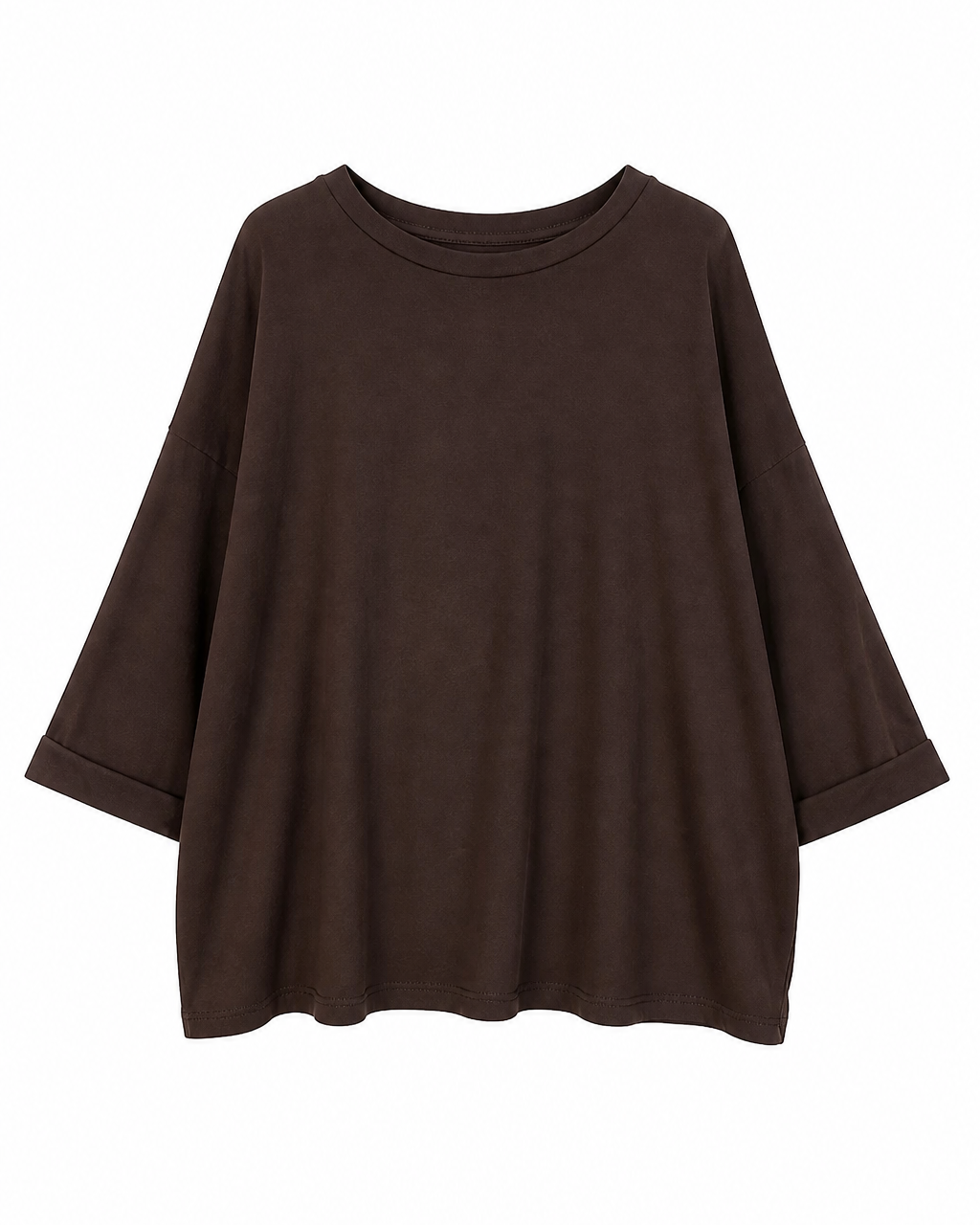 Γυναικεία καφέ over μπλούζα με στρογγυλή λαιμόκοψη και γυρισμένο τελείωμα στα μανίκια, flat lay
