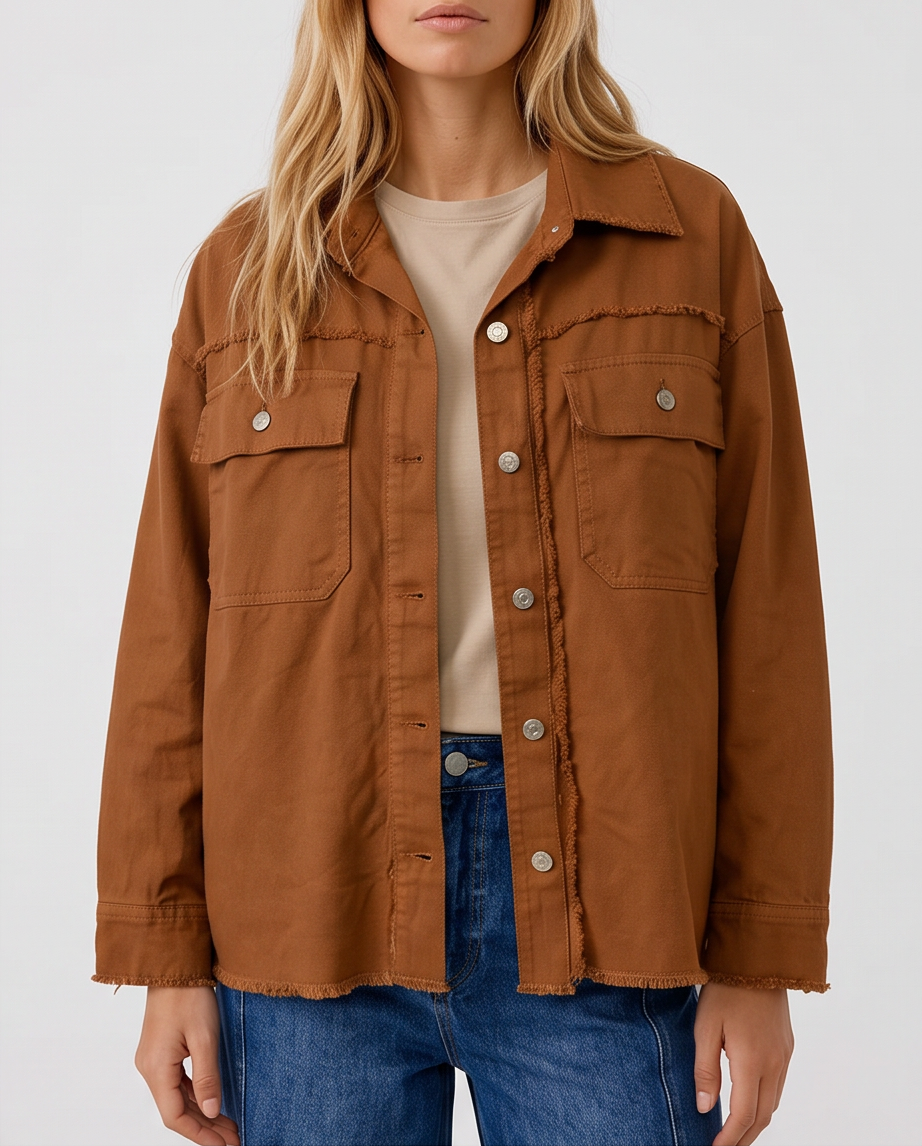 Γυναικείο κεραμιδί jacket πουκάμισο με τσέπες και ξέφτια, bust up ανοιχτό με εκρού top και μπλε τζιν
