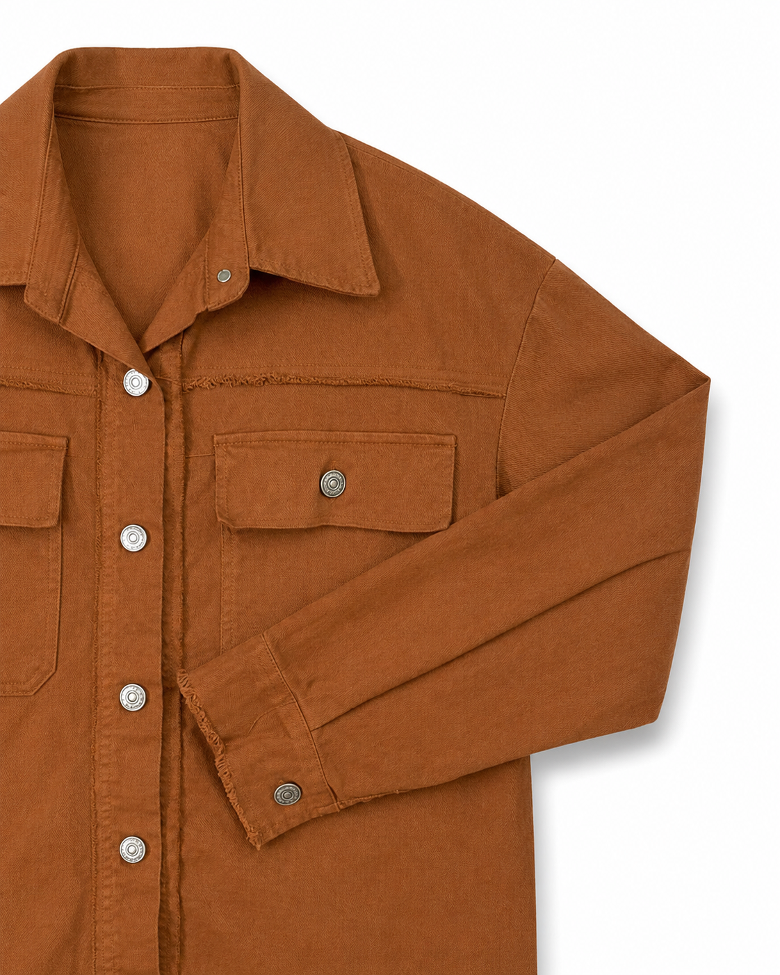 Γυναικείο κεραμιδί jacket πουκάμισο, detail τσέπης στο στήθος με κουμπί και ξέφτια
