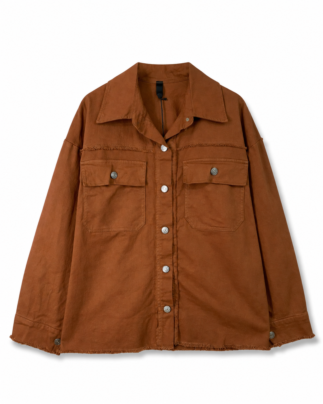 Γυναικείο κεραμιδί jacket πουκάμισο με ξέφτια στο τελείωμα, flat lay πίσω όψη
