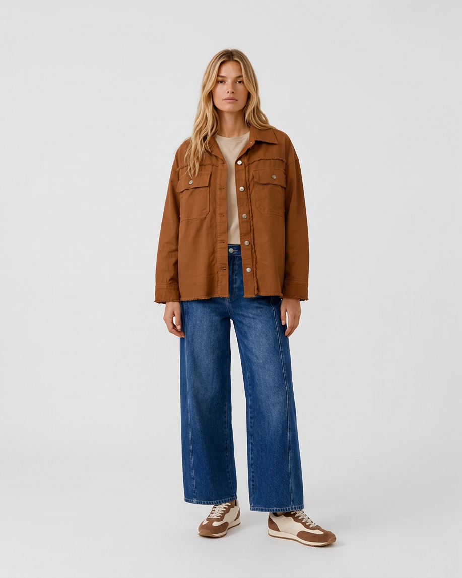 Γυναικείο κεραμιδί jacket πουκάμισο με τσέπες και ξέφτια, ολόσωμη εμφάνιση με φαρδύ μπλε τζιν και sneakers
