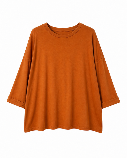 Γυναικεία κεραμιδί oversized μπλούζα με στρογγυλή λαιμόκοψη και φαρδιά μανίκια, flat lay
