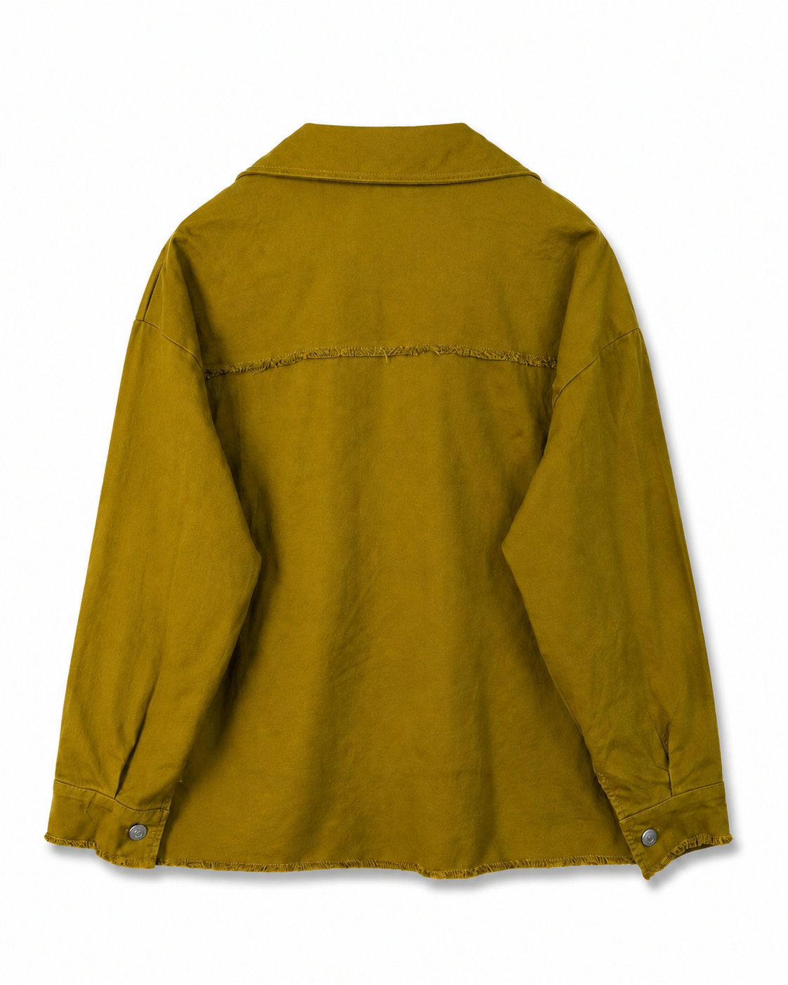 Γυναικείο λαδί jacket πουκάμισο με ξέφτια στο τελείωμα και ραφή πίσω, flat lay πίσω όψη
