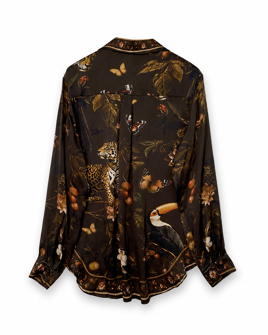 Γυναικείο μακρύ πουκάμισο animal & tropical print καφέ βάση, πίσω όψη με λεοπάρ και τουκάν
