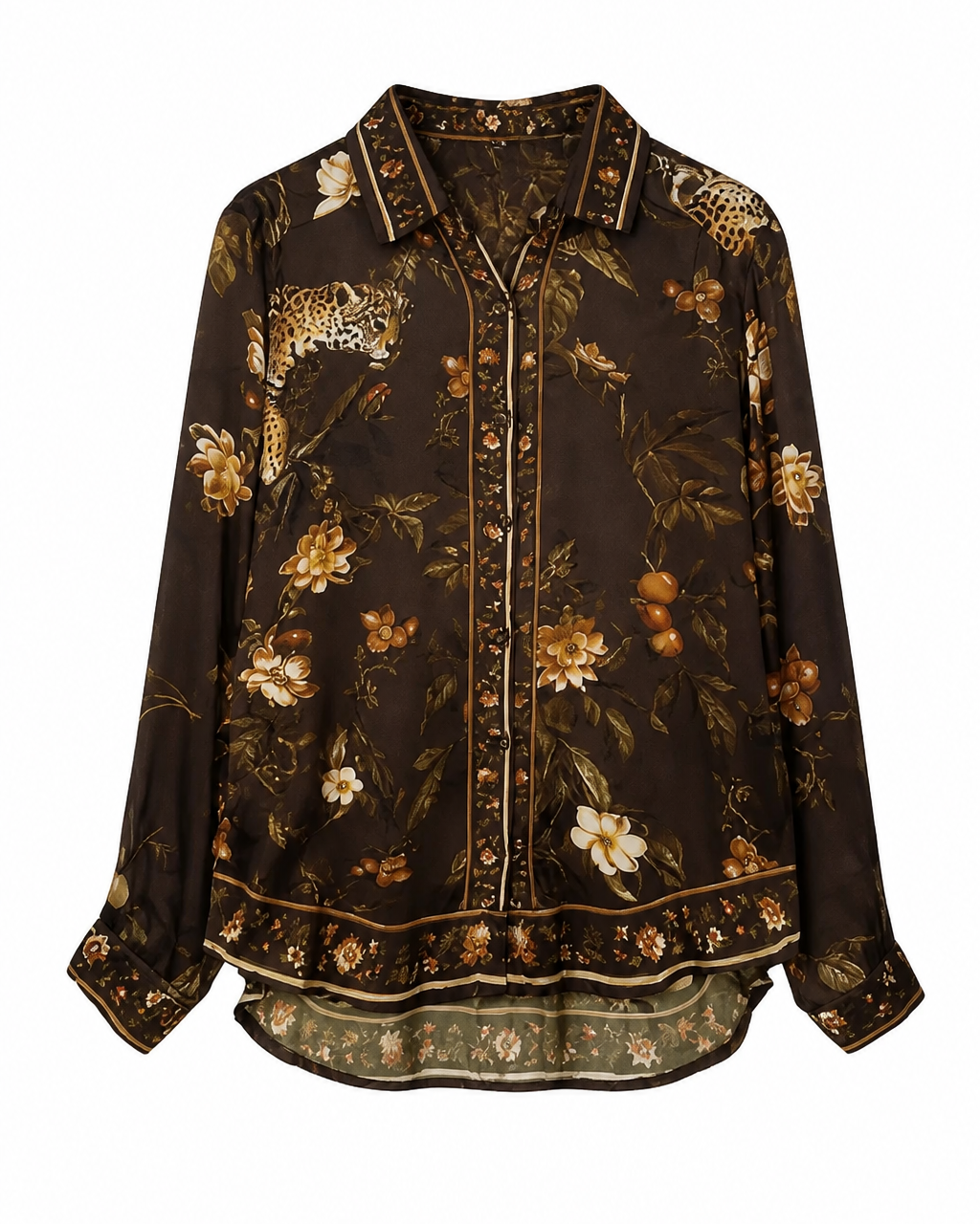 Γυναικείο μακρύ πουκάμισο animal & tropical print σε καφέ βάση, κλείσιμο με κουμπιά
