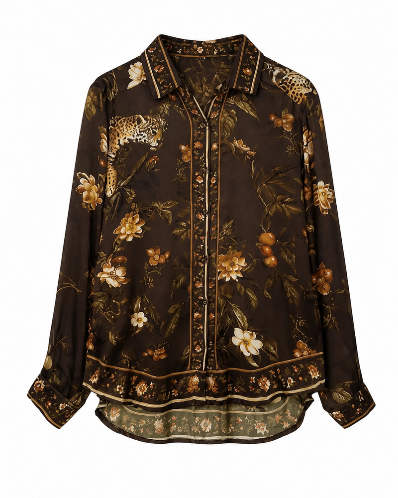 Γυναικείο μακρύ πουκάμισο animal & tropical print σε καφέ βάση, κλείσιμο με κουμπιά
