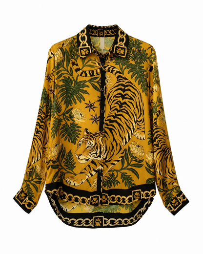 Γυναικείο μακρύ πουκάμισο animal & tropical print σε μουσταρδί, πράσινο και μαύρο
