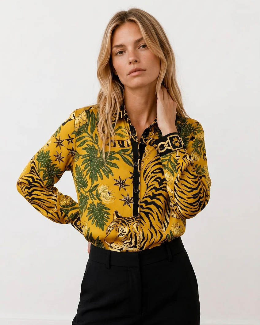 Γυναικείο μακρύ πουκάμισο animal print σε μουσταρδί, κλασικός γιακάς, μακριά μανίκια
