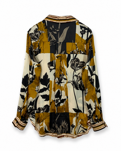 Γυναικείο μακρύ πουκάμισο floral print εκρού και μουσταρδί, πίσω όψη
