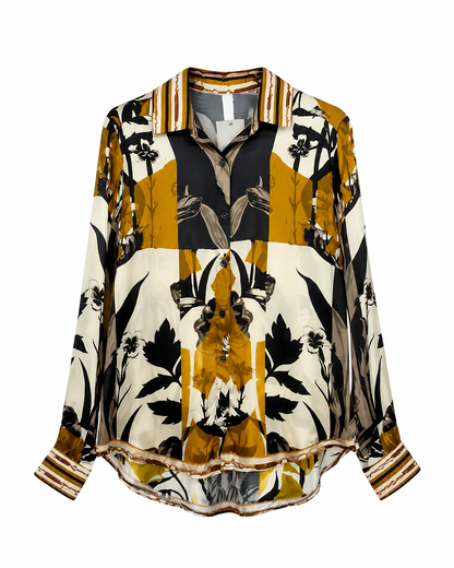 Γυναικείο μακρύ πουκάμισο floral print σε εκρού και μουσταρδί, κλασικός γιακάς, μακριά μανίκια
