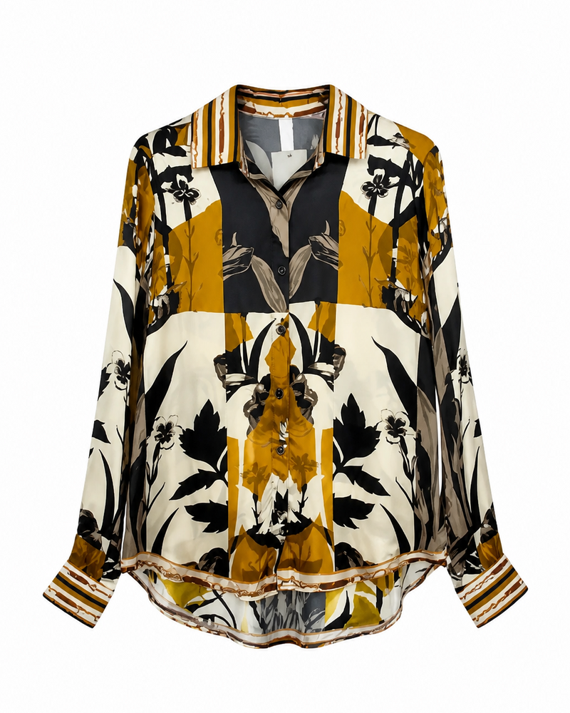 Γυναικείο μακρύ πουκάμισο floral print σε εκρού και μουσταρδί, κλασικός γιακάς, μακριά μανίκια
