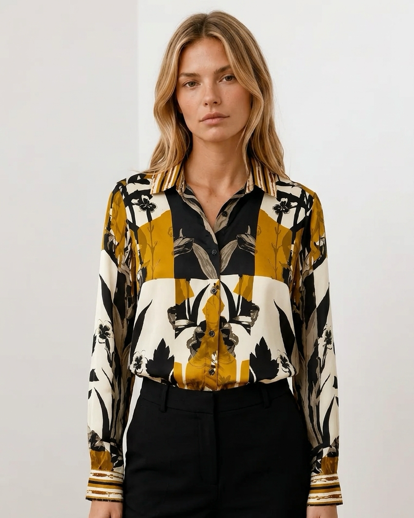 Γυναικείο μακρύ πουκάμισο floral print εκρού και μουσταρδί, κλασικός γιακάς με ριγέ λεπτομέρεια

