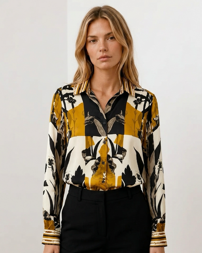 Γυναικείο μακρύ πουκάμισο floral print εκρού και μουσταρδί, κλασικός γιακάς με ριγέ λεπτομέρεια
