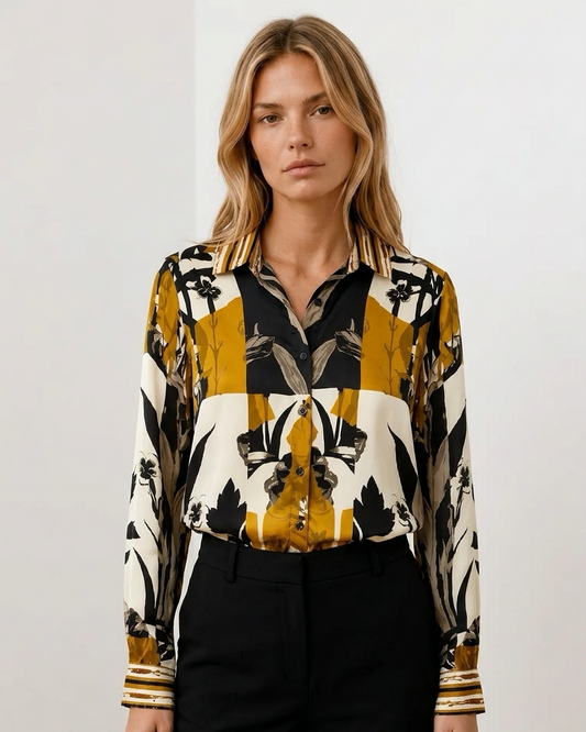 Γυναικείο μακρύ πουκάμισο floral print εκρού και μουσταρδί, κλασικός γιακάς με ριγέ λεπτομέρεια
