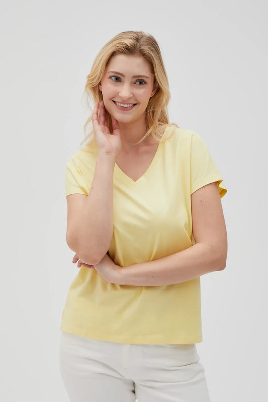 MOODO κίτρινο V-neck t-shirt μαλακό βαμβάκι - μπροστινή όψη