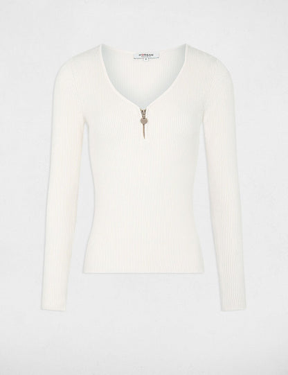 MORGAN Γυναικεία ανοιξιάτικη μακρυμάνικη ριμπ μπλούζα εκρού - Μπροστινή όψη χωρίς μοντέλο