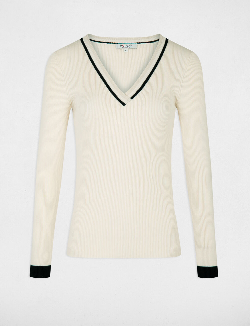 Morgan γυναικείο εκρού εφαρμοστό V-neck πουλόβερ με ribbed πλέξιμο