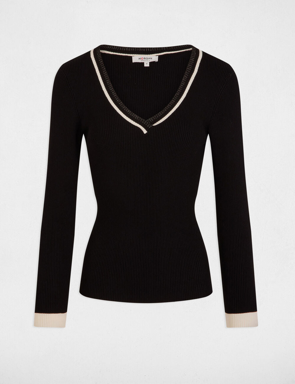 Morgan γυναικείο εφαρμοστό V-neck πουλόβερ με αντίθετη ρίγα