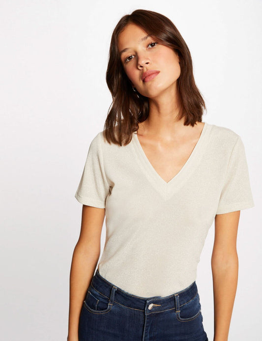 Μπροστινή όψη straight cut T-shirt με μεταλλικές ίνες