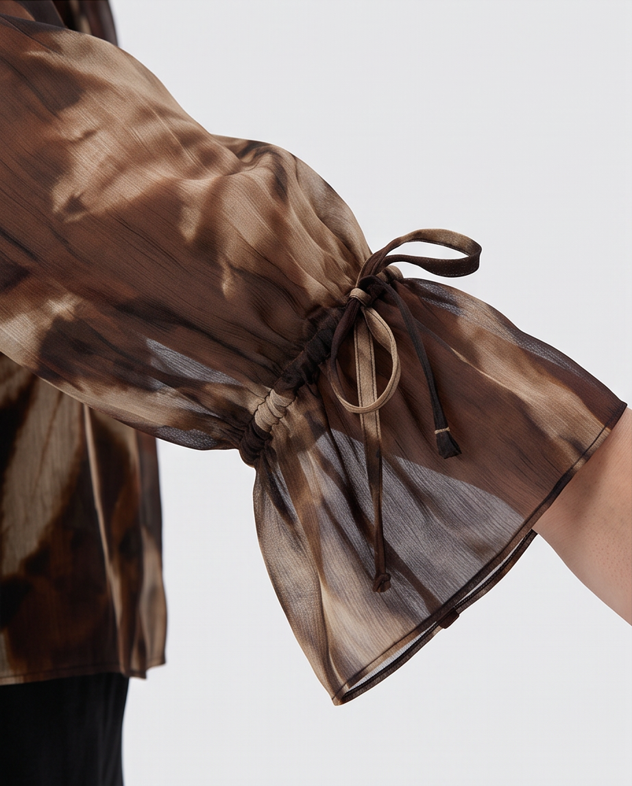 Γυναικεία μωβ floral μπλούζα georgette, detail σούρας και δεσίματος στη μανσέτα
