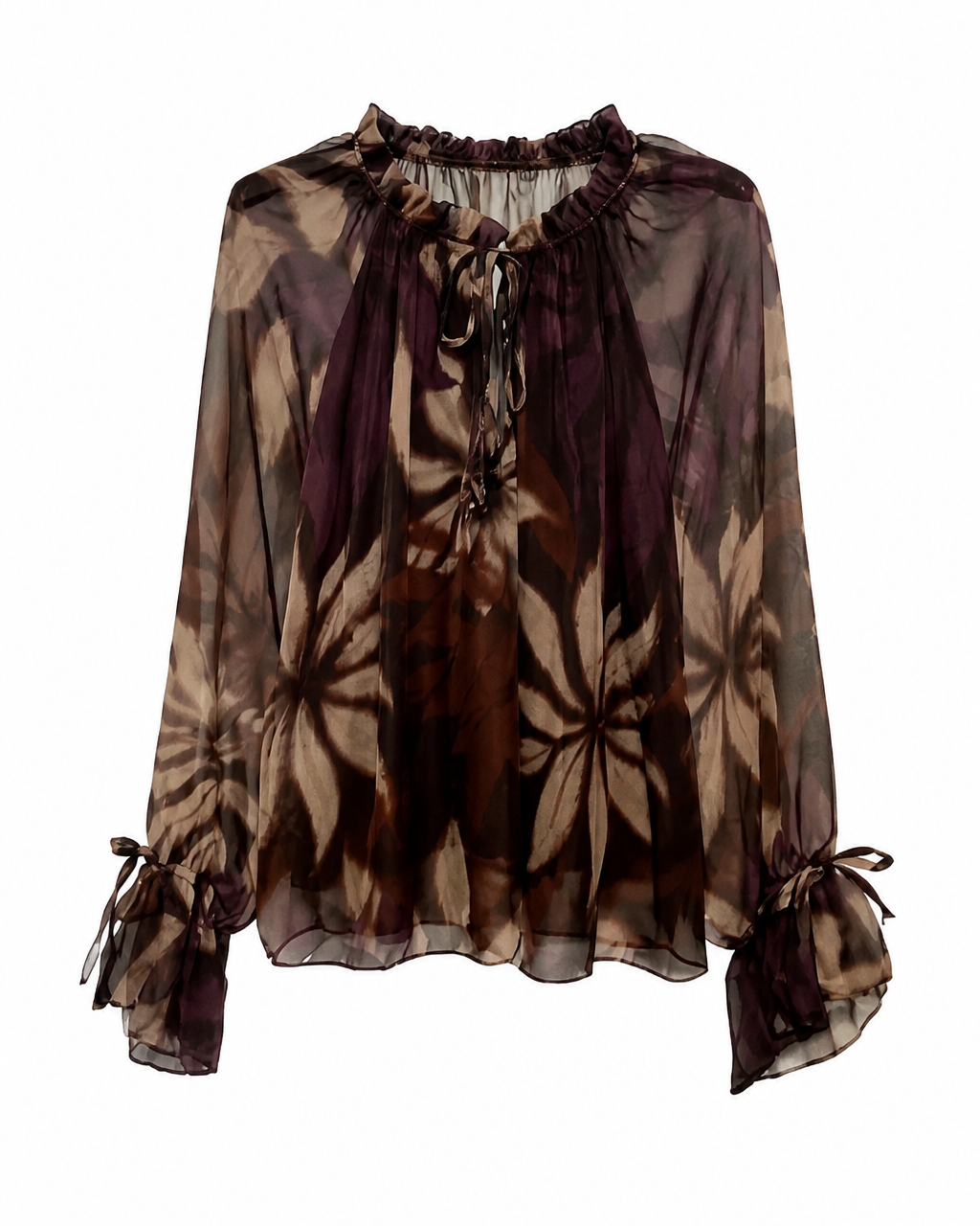 Γυναικεία μωβ floral μπλούζα georgette με σούρες στη λαιμόκοψη και δεσίματα στις μανσέτες, flat lay
