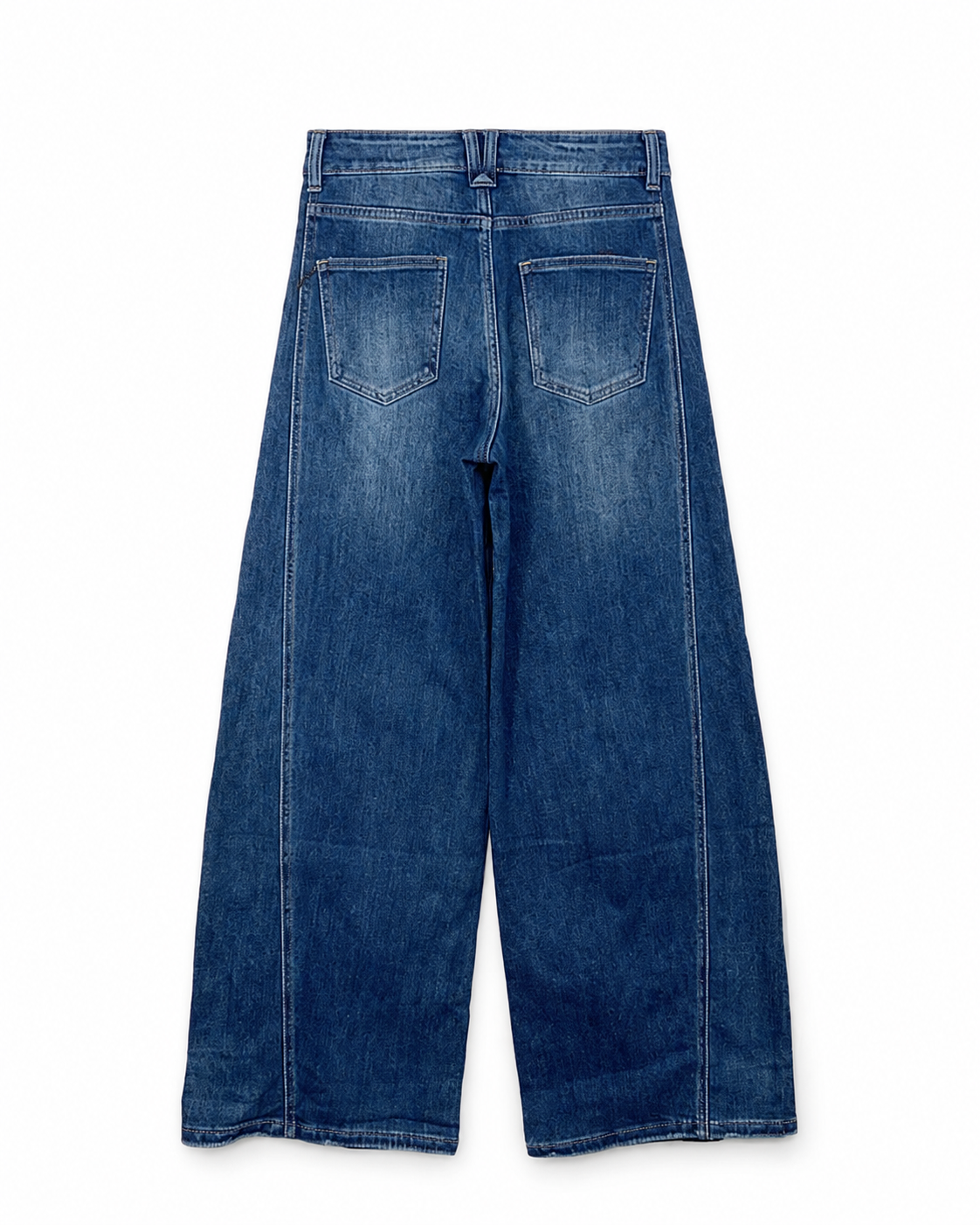 Γυναικείο μπλε baggy τζιν με ραφή πίσω και πίσω τσέπες, flat lay πίσω όψη
