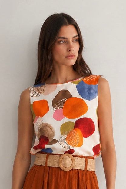 Γυναικεία πολύχρωμη βαμβακερή μπλούζα με abstract print. Πίσω μέρος πιο μακρυά. oversized γραμμή. Άνετη εφαρμογή, δροσερό ύφασμα