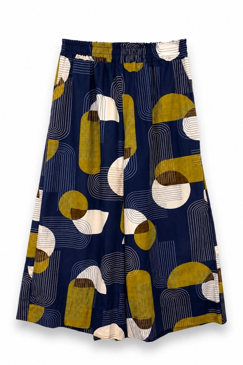 Γυναικεία παντελόνα pallazo με abstract print γεωμετρικά σχέδια. Ελαστική μέση, άνετη εφαρμογή, ποπλίνα βαμβακερή.