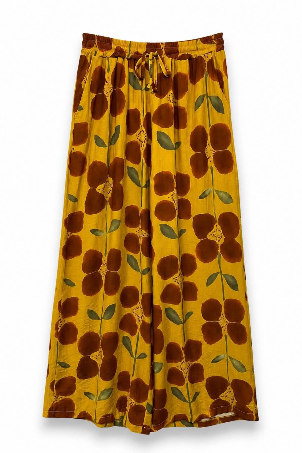 Γυναικεία παντελόνα floral, μουσταρδί φόντο και retro print. Ελαστική μέση με κορδονάκι