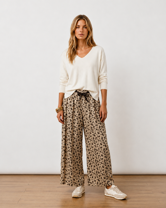 Παντελόνι floral print σε εκρού και καφέ αποχρώσεις με ελαστική μέση και κορδόνι
