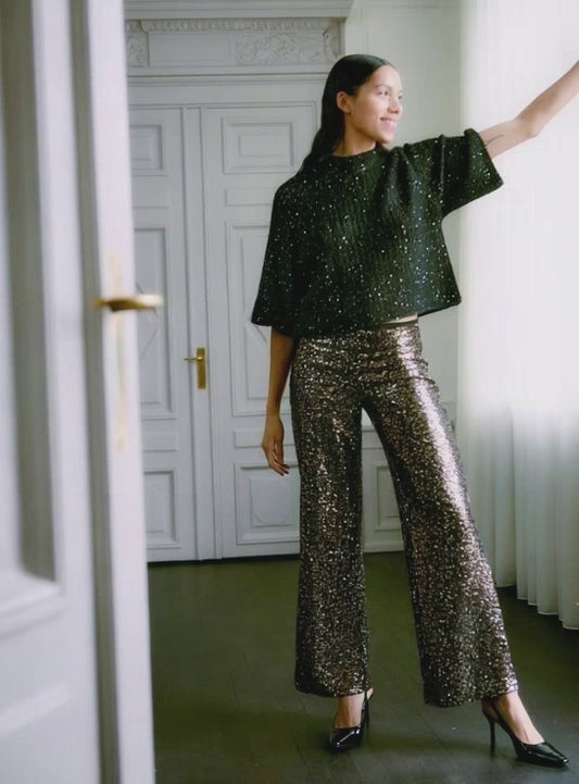 Παντελόνι με Παγιέτες Wide Leg Ελαστική Μέση