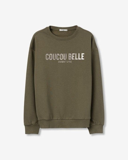γυναικείο TIFFOSI φούτερ loose fit πράσινο στάμπα "Coucou Belle" rib τελειώματα — μπροστά
