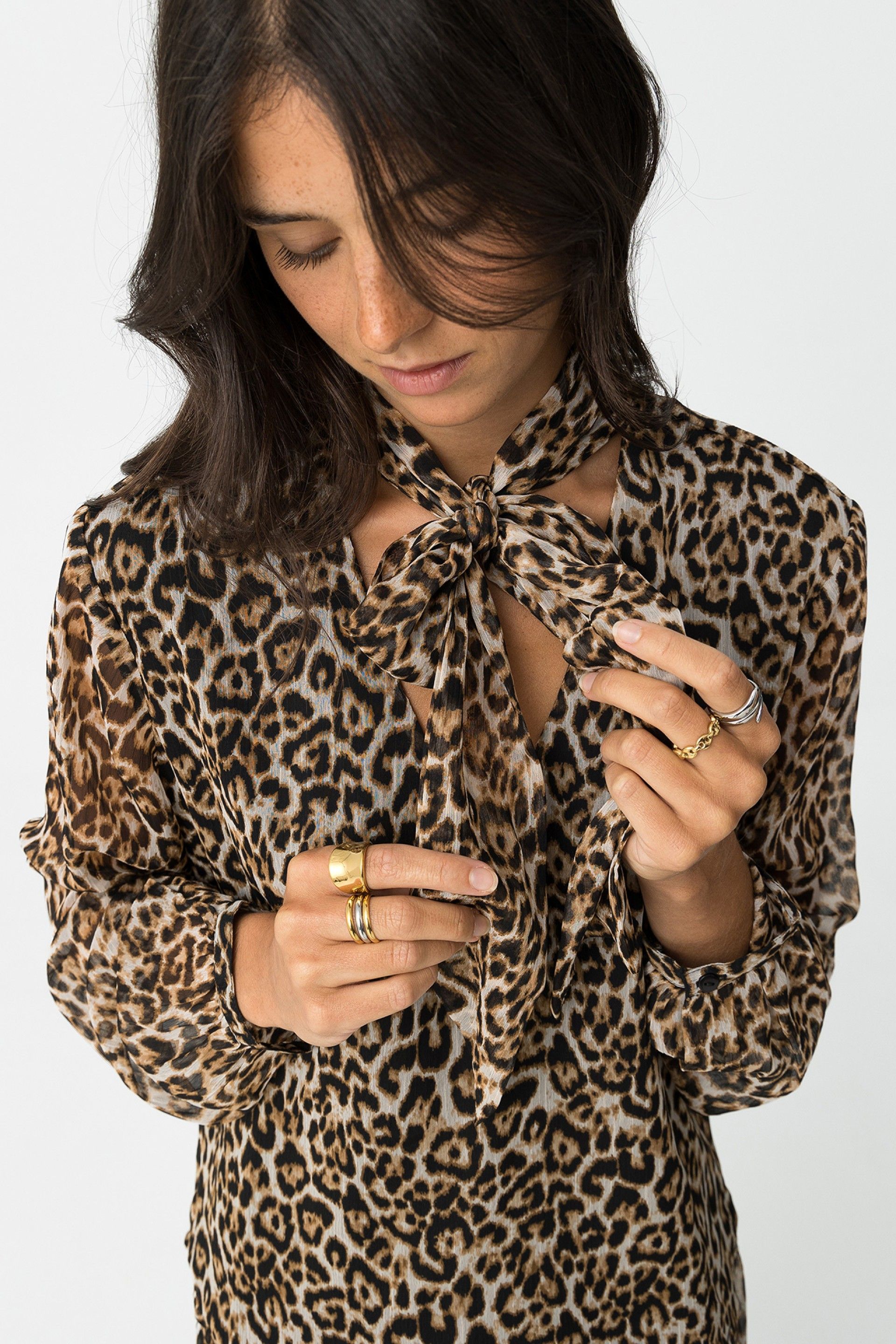 Λεπτομέρεια φιόγκου και V-neck λαιμόκοψης καφέ leopard μπλούζας