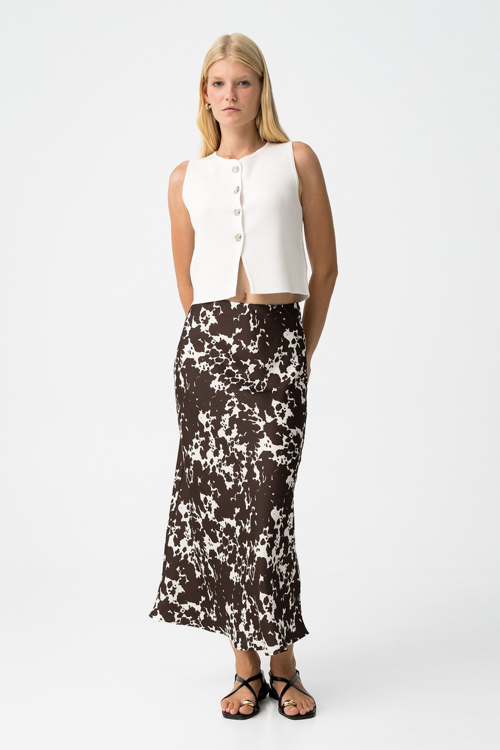 Tiffosi Γυναικεία Satin Midi Φούστα με Cow Print - μπροστινή όψη trendy στυλ