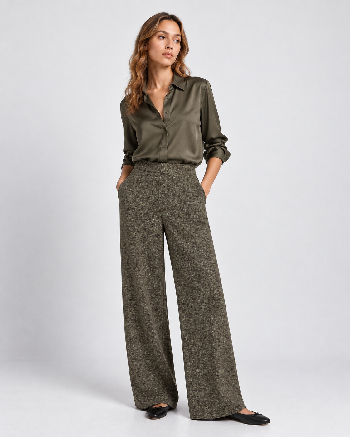 γυναικεία TIFFOSI πλεκτή παντελόνα wide leg καφέ πράσινο pull-on μελανζέ υφή — ολόσωμη εμφάνιση μπροστά
