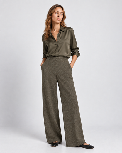 γυναικεία TIFFOSI πλεκτή παντελόνα wide leg καφέ πράσινο pull-on μελανζέ υφή — ολόσωμη εμφάνιση μπροστά
