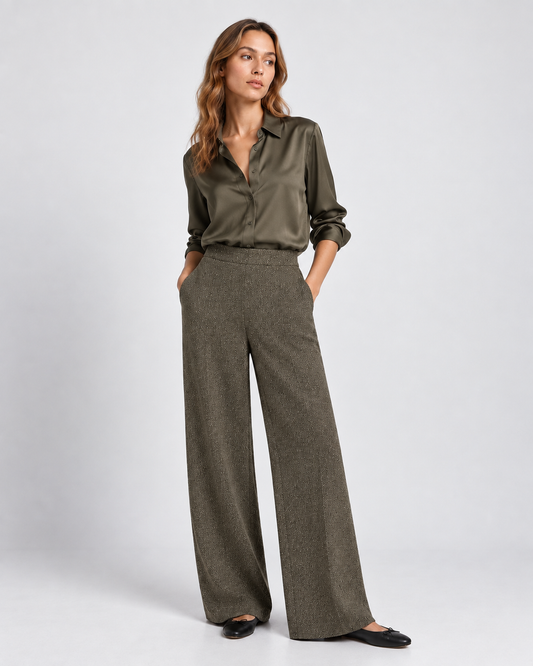 γυναικεία TIFFOSI πλεκτή παντελόνα wide leg καφέ πράσινο pull-on μελανζέ υφή — ολόσωμη εμφάνιση μπροστά
