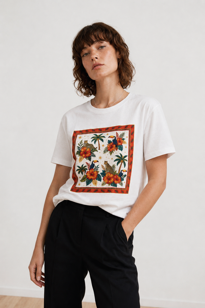 T-shirt λευκό με τροπική στάμπα τουκάν & ιβίσκος