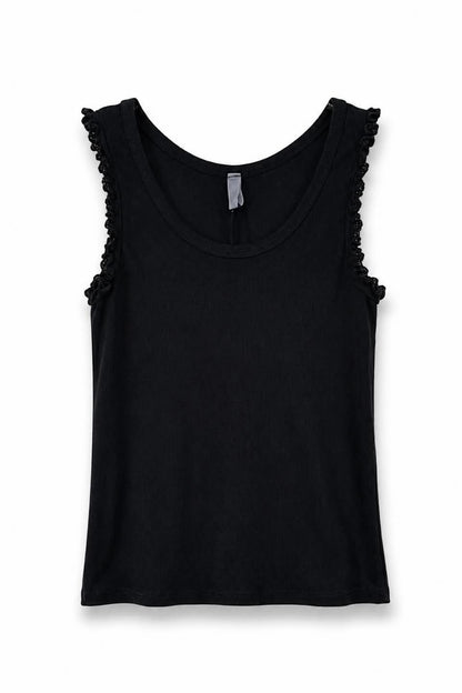 Γυναικείο tank top rib μαύρο με λεπτομέρεια δαντέλας