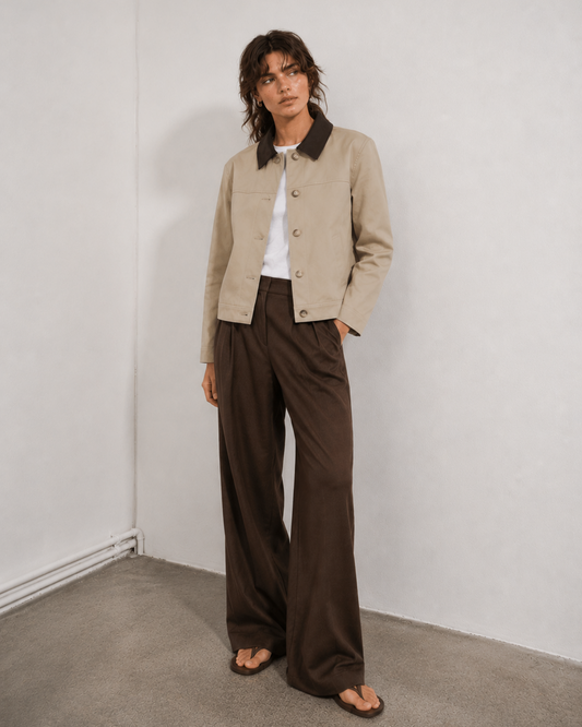 Γυναικείο κοντό μπουφάν Vero Moda μπεζ με wide leg καφέ παντελόνα, ολόσωμη εμφάνιση
