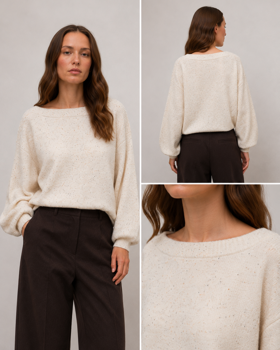 Γυναικεία πλεκτή μπλούζα VERO MODA εκρού melange, εμφάνιση μπροστά, πίσω και λεπτομέρεια boat neck
