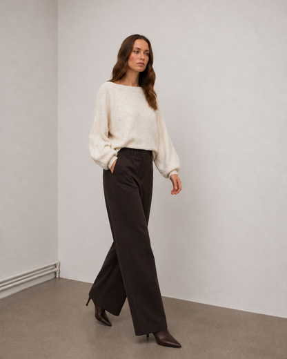 Γυναικεία πλεκτή μπλούζα VERO MODA εκρού melange, ολόσωμη editorial εμφάνιση μπροστά
