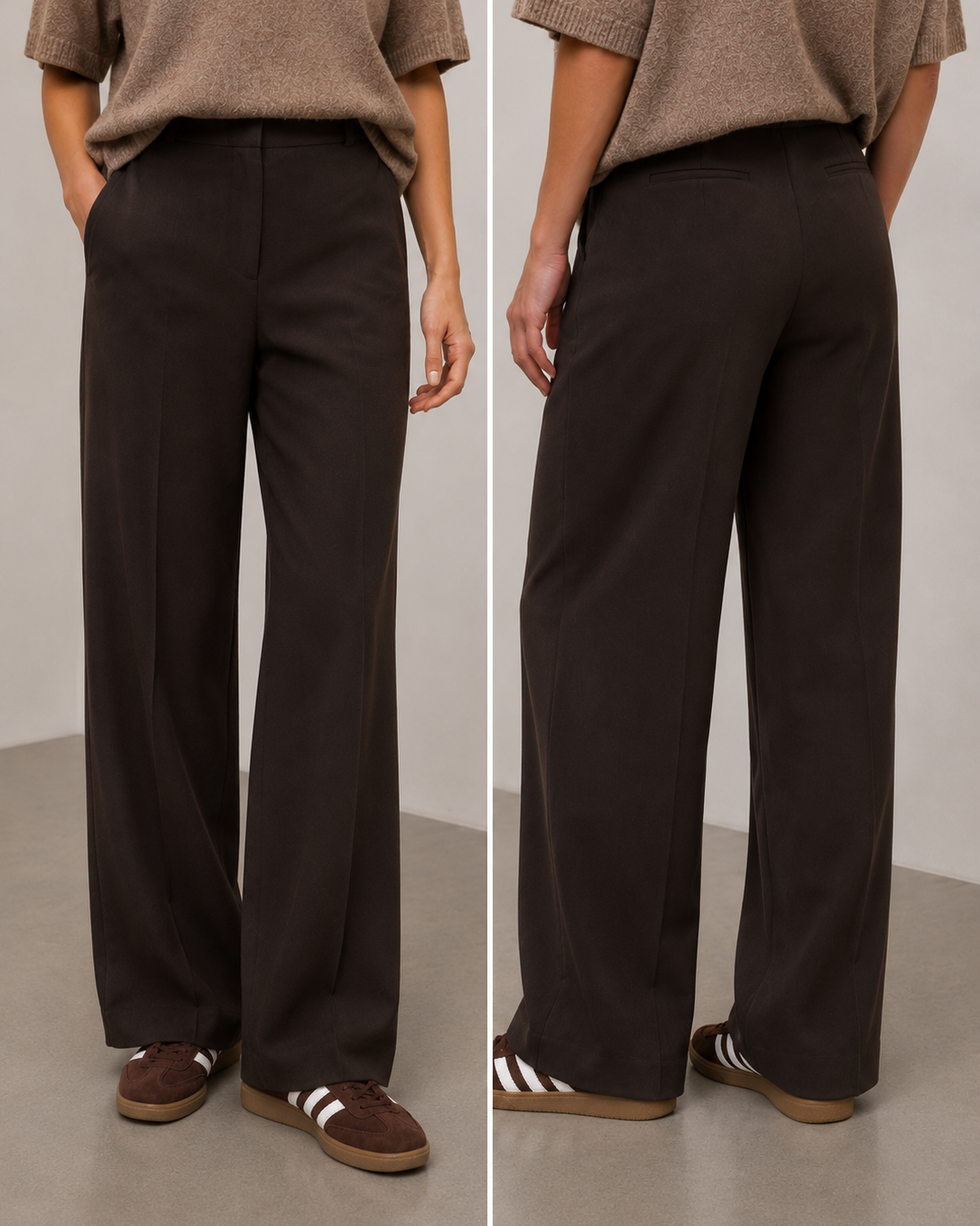 Γυναικείο wide leg παντελόνι VERO MODA σκούρο καφέ, εμφάνιση μπροστά και πίσω
